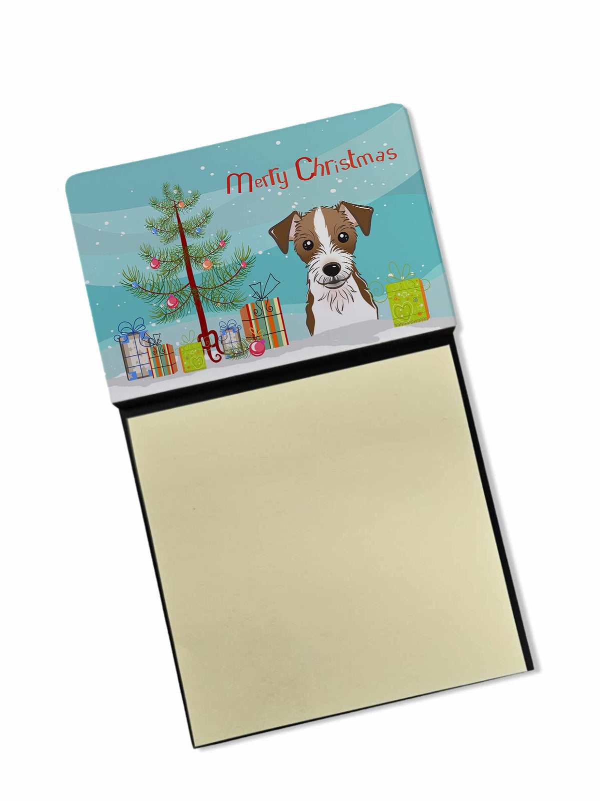 Christmas Tree and Jack Russell Terrier Watercolor Sticky Note Holder Refillable Dispenser Desk Accessory 3x3 Pad Gift