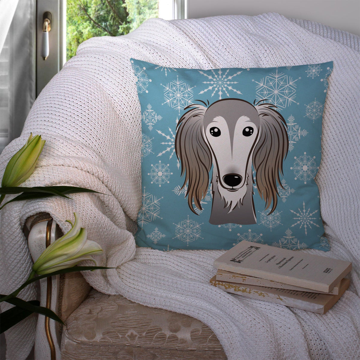 Snowflake Saluki Decorative Throw Pillow 14x14 Indoor Outdoor Accent Cushion, Fabric Cover with Insert for Sofa, Bed, Porch & Living Room