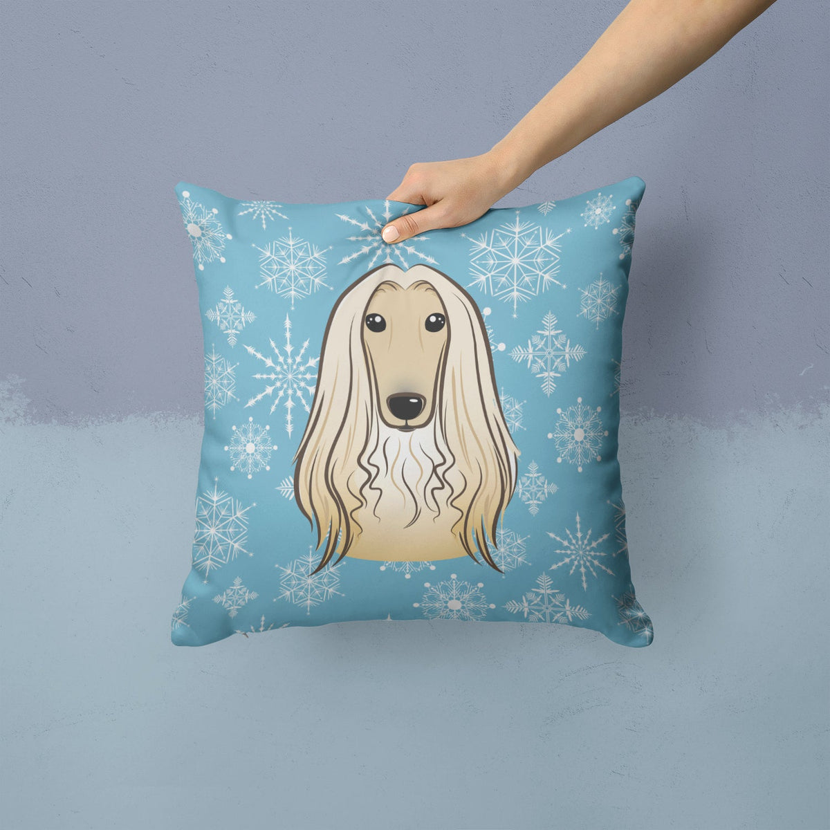 Snowflake Afghan Hound Decorative Throw Pillow 14x14 Indoor Outdoor Accent Cushion, Fabric Cover with Insert for Sofa, Bed, Porch & Living Room