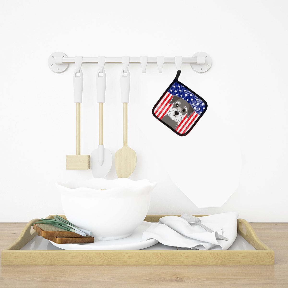 American Flag and Schnauzer Pot Holder Set of 2 Heat Resistant Quilted Hot Pads 7.5 x 7.5 Inch, Insulated Kitchen Trivets for Cooking & Baking