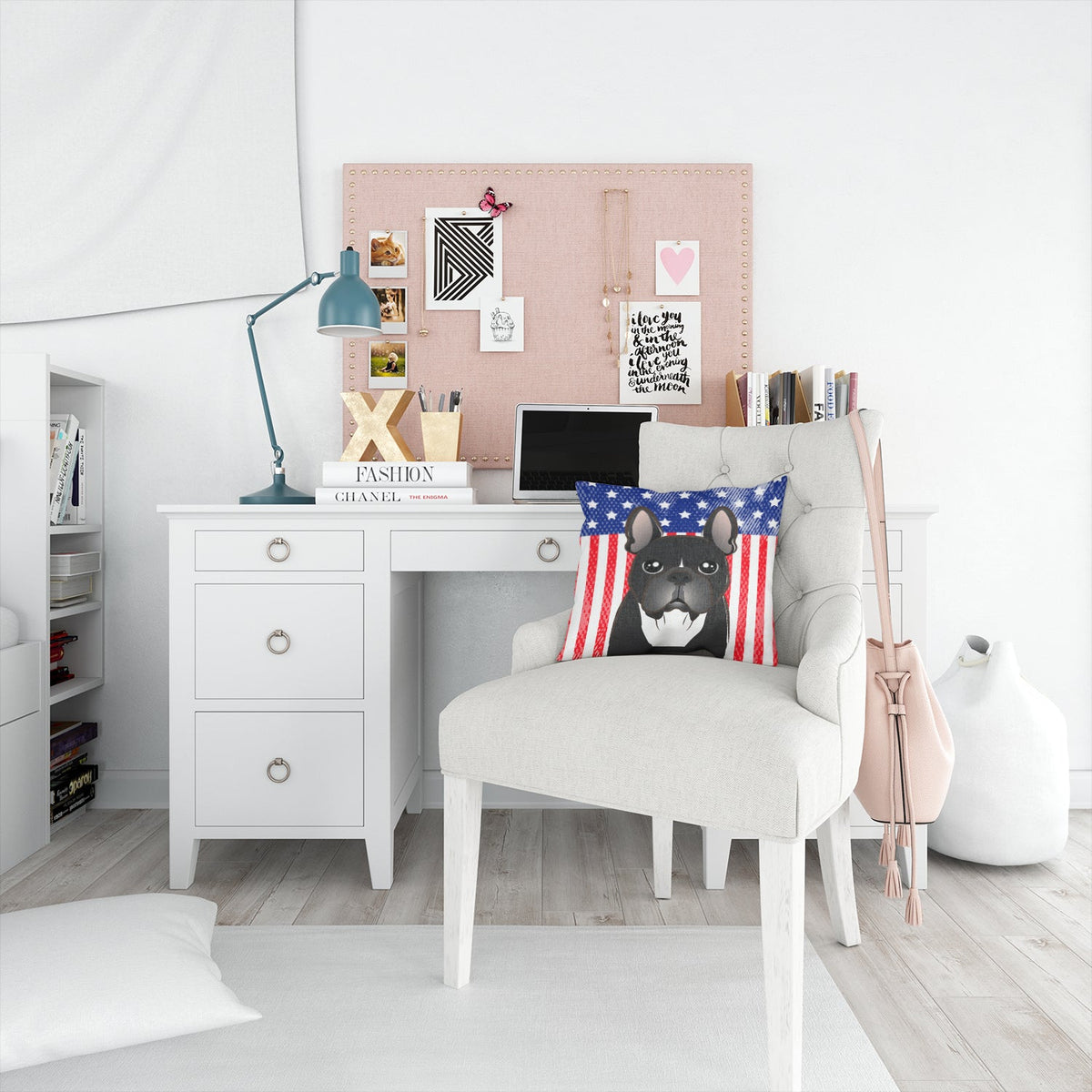 American Flag and French Bulldog Decorative Throw Pillow 14x14 Indoor Outdoor Accent Cushion, Fabric Cover with Insert for Sofa, Bed, Porch & Living Room