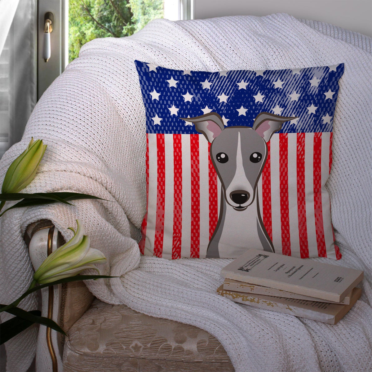 American Flag and Italian Greyhound Decorative Throw Pillow 14x14 Indoor Outdoor Accent Cushion, Fabric Cover with Insert for Sofa, Bed, Porch & Living Room