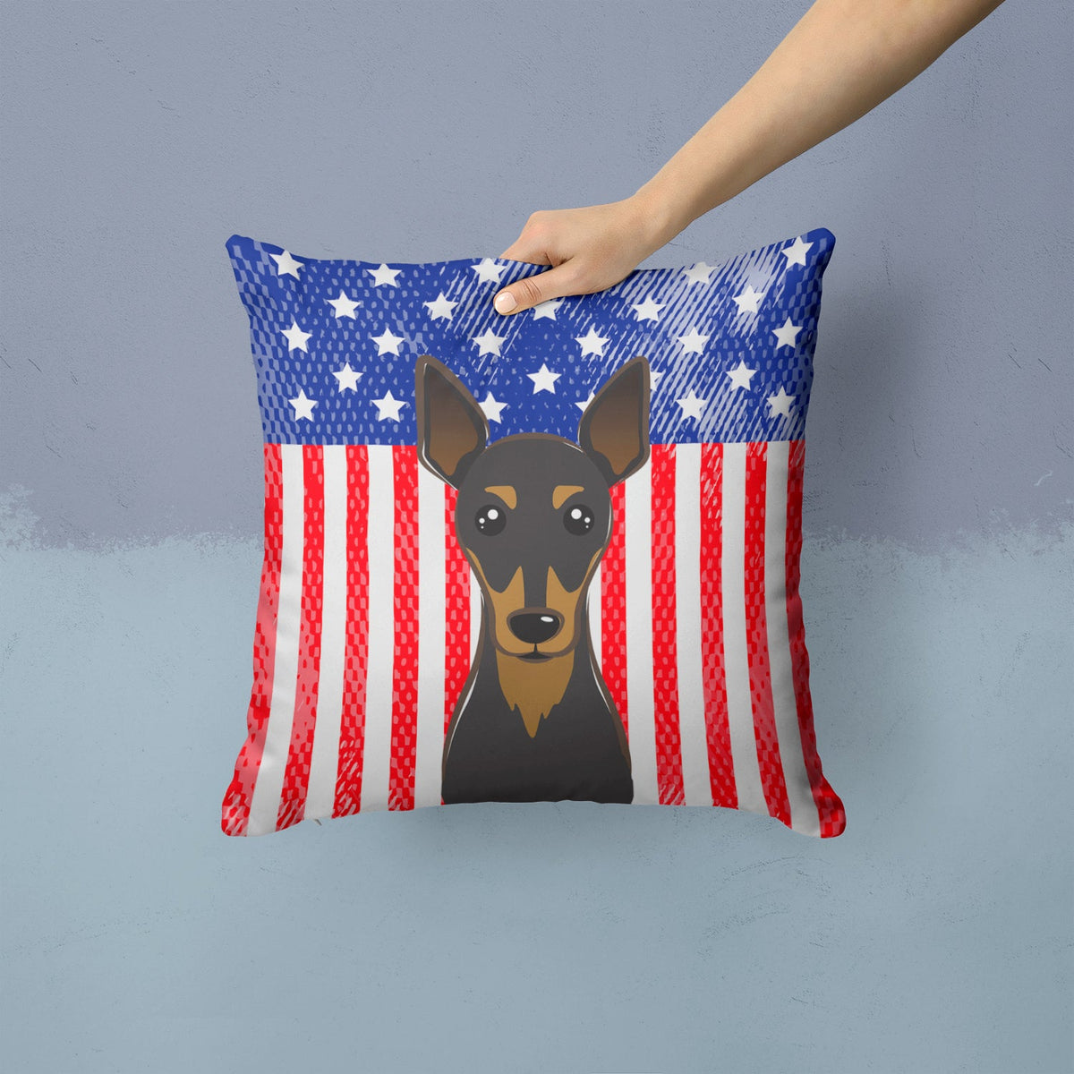 American Flag and Min Pin Decorative Throw Pillow 14x14 Indoor Outdoor Accent Cushion, Fabric Cover with Insert for Sofa, Bed, Porch & Living Room