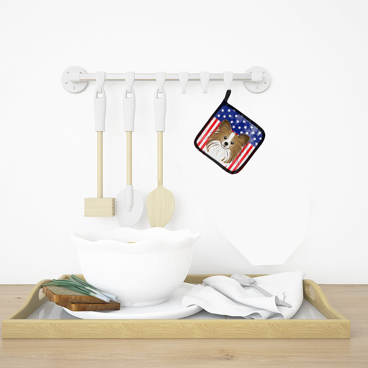 American Flag and Papillon Pot Holder Set of 2 Heat Resistant Quilted Hot Pads 7.5 x 7.5 Inch, Insulated Kitchen Trivets for Cooking & Baking