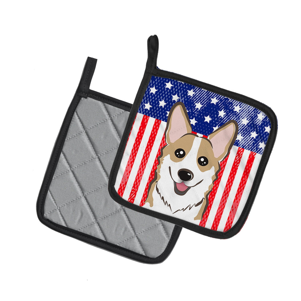 American Flag and Sable Corgi Pot Holder Set of 2 Heat Resistant Quilted Hot Pads 7.5 x 7.5 Inch, Insulated Kitchen Trivets for Cooking & Baking