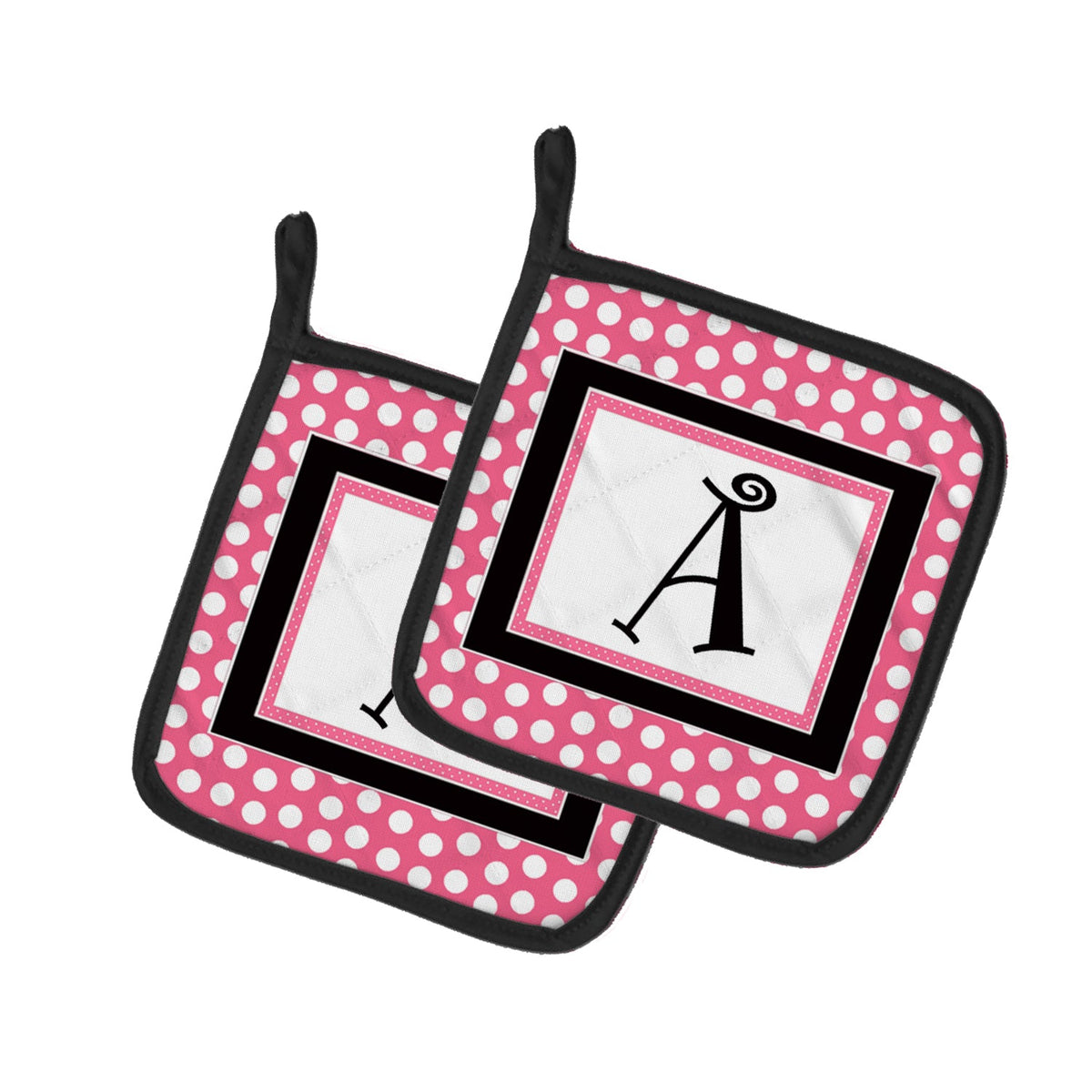Letter A Monogram - Pink Black Polka Dots Pot Holder Set of 2 Heat Resistant Quilted Hot Pads 7.5 x 7.5 Inch, Insulated Kitchen Trivets for Cooking & Baking