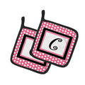Letter C Monogram - Pink Black Polka Dots Pot Holder Set of 2 Heat Resistant Quilted Hot Pads 7.5 x 7.5 Inch, Insulated Kitchen Trivets for Cooking & Baking