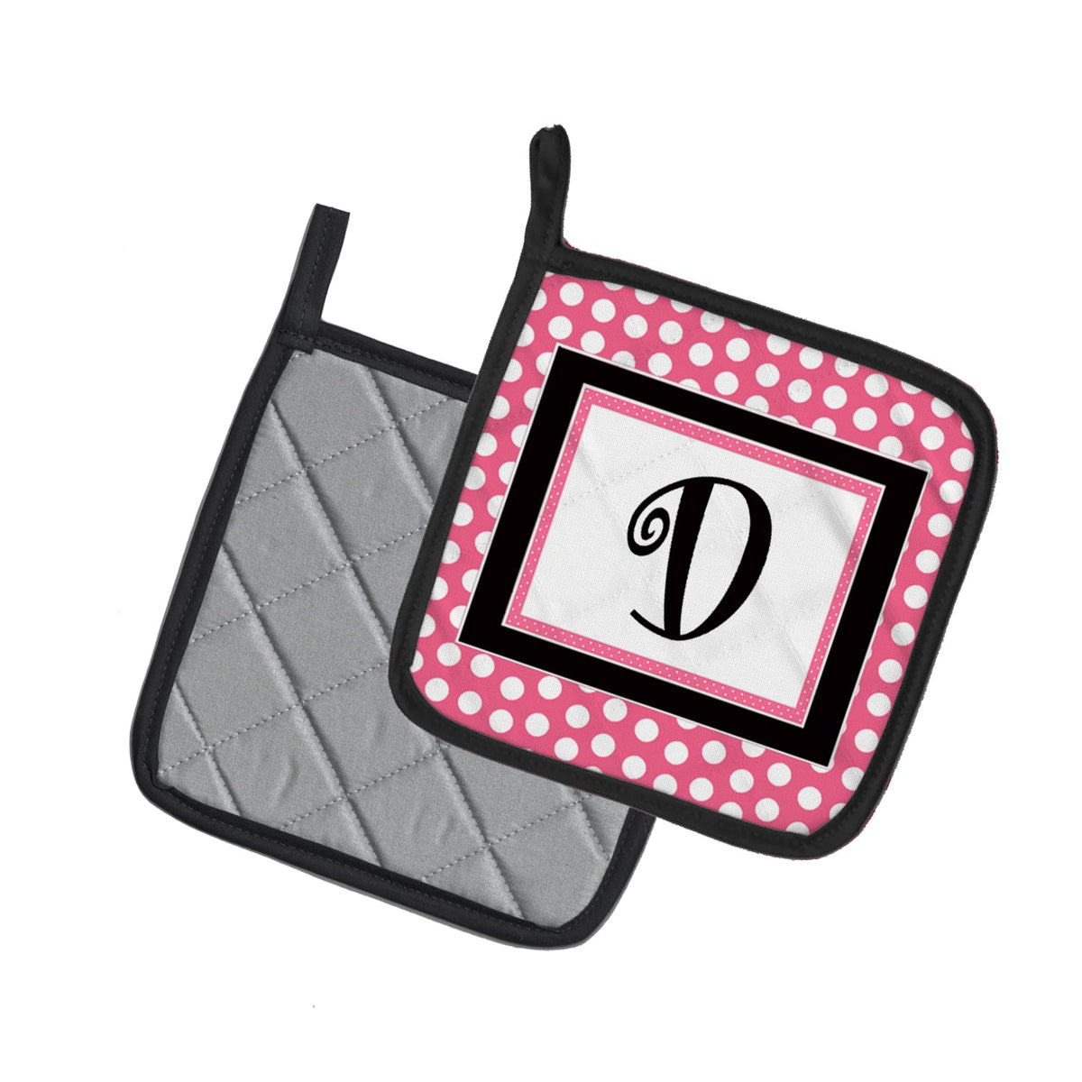 Letter D Monogram - Pink Black Polka Dots Pot Holder Set of 2 Heat Resistant Quilted Hot Pads 7.5 x 7.5 Inch, Insulated Kitchen Trivets for Cooking & Baking