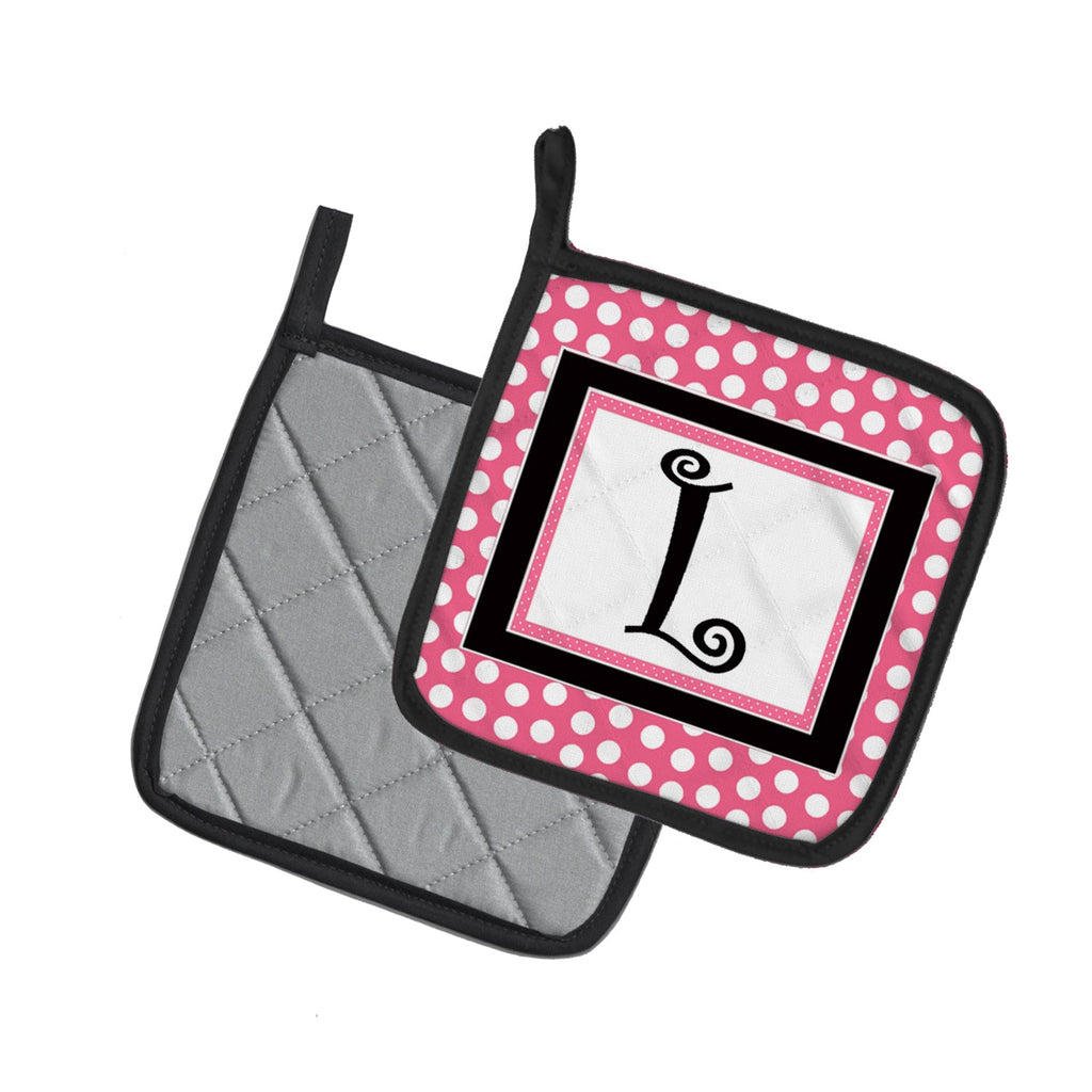 Letter L Monogram - Pink Black Polka Dots Pot Holder Set of 2 Heat Resistant Quilted Hot Pads 7.5 x 7.5 Inch, Insulated Kitchen Trivets for Cooking & Baking