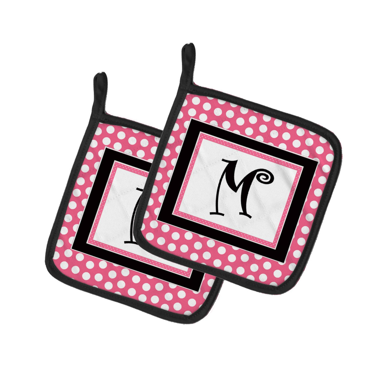 Letter M Monogram - Pink Black Polka Dots Pot Holder Set of 2 Heat Resistant Quilted Hot Pads 7.5 x 7.5 Inch, Insulated Kitchen Trivets for Cooking & Baking