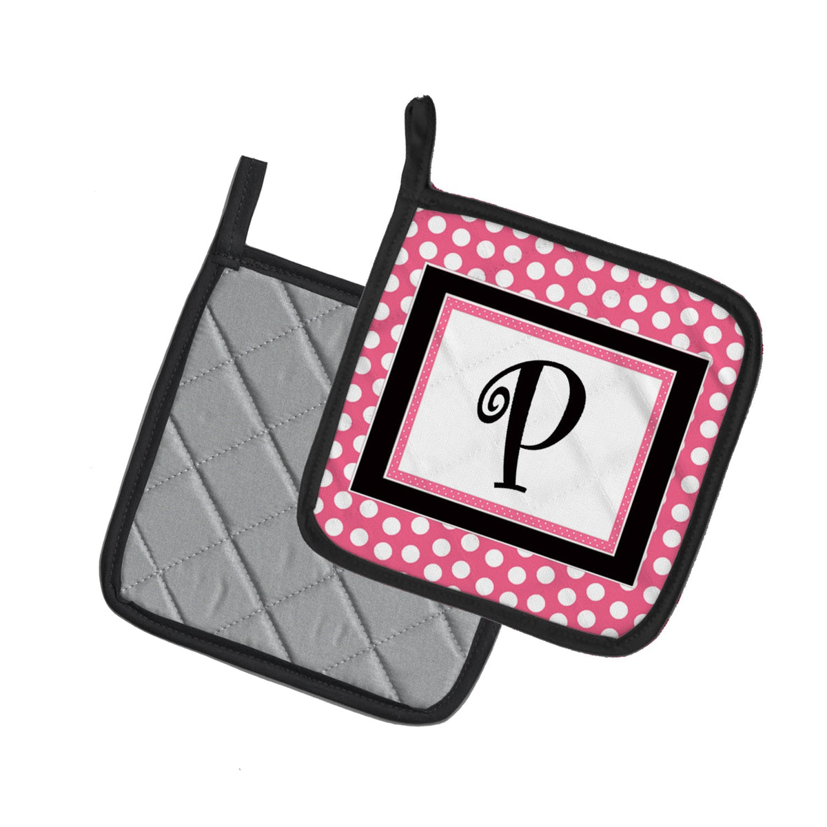 Letter P Monogram - Pink Black Polka Dots Pot Holder Set of 2 Heat Resistant Quilted Hot Pads 7.5 x 7.5 Inch, Insulated Kitchen Trivets for Cooking & Baking