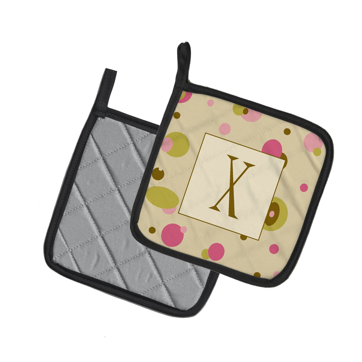 Letter X Initial Monogram - Tan Dots Pot Holder Set of 2 Heat Resistant Quilted Hot Pads 7.5 x 7.5 Inch, Insulated Kitchen Trivets for Cooking & Baking