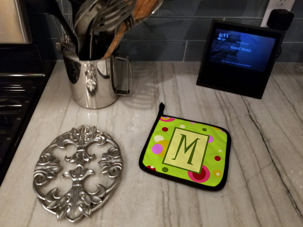 Letter M Monogram - Lime Green Pot Holder Set of 2 Heat Resistant Quilted Hot Pads 7.5 x 7.5 Inch, Insulated Kitchen Trivets for Cooking & Baking