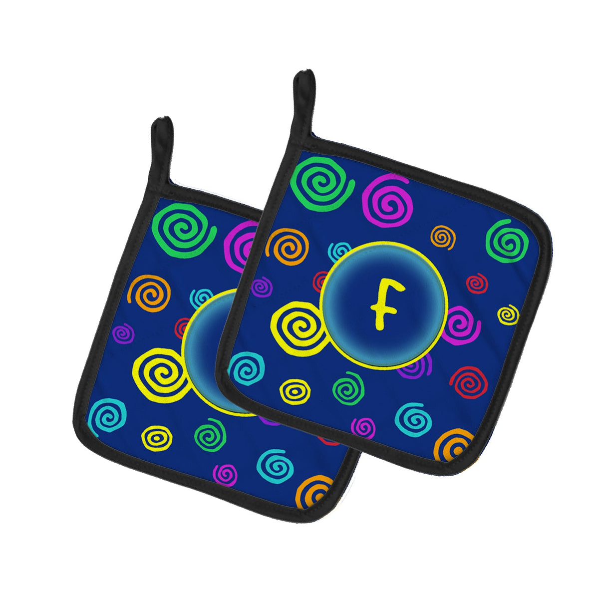 Letter F Initial Monogram - Blue Swirls Pot Holder Set of 2 Heat Resistant Quilted Hot Pads 7.5 x 7.5 Inch, Insulated Kitchen Trivets for Cooking & Baking