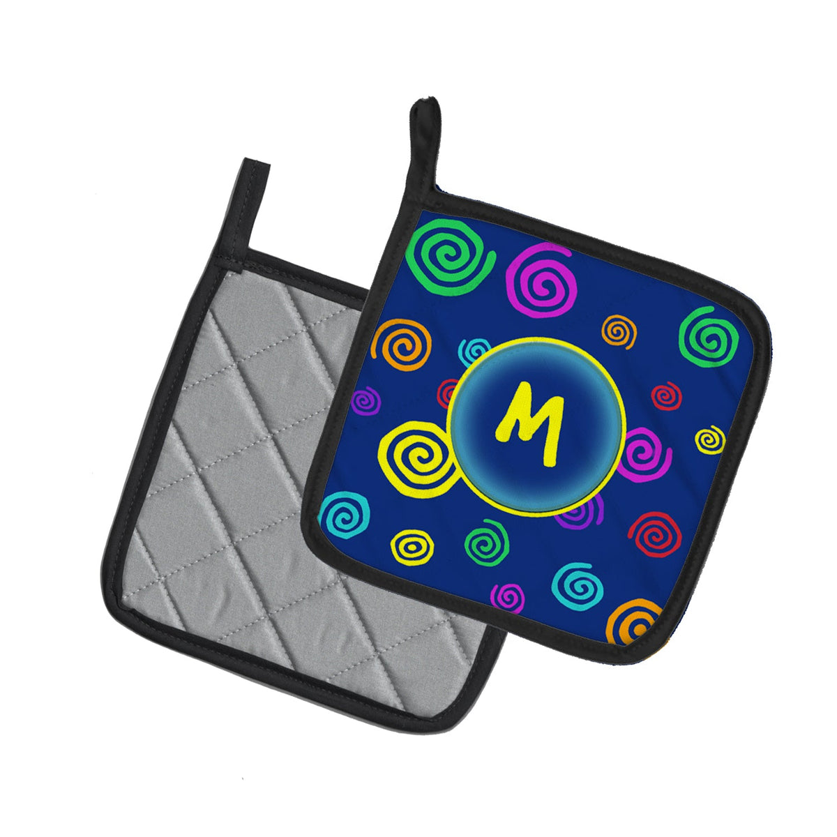 Letter M Initial Monogram - Blue Swirls Pot Holder Set of 2 Heat Resistant Quilted Hot Pads 7.5 x 7.5 Inch, Insulated Kitchen Trivets for Cooking & Baking