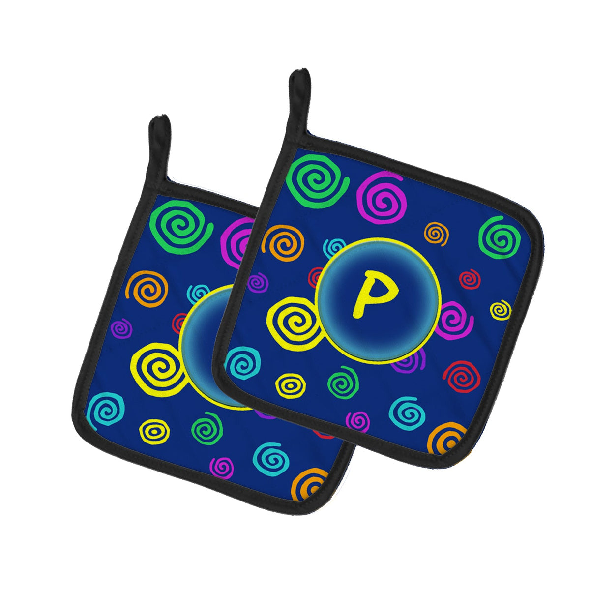 Letter P Initial Monogram - Blue Swirls Pot Holder Set of 2 Heat Resistant Quilted Hot Pads 7.5 x 7.5 Inch, Insulated Kitchen Trivets for Cooking & Baking