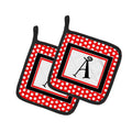 Letter A Monogram - Red and Black Polka Dots Pot Holder Set of 2 Heat Resistant Quilted Hot Pads 7.5 x 7.5 Inch, Insulated Kitchen Trivets for Cooking & Baking