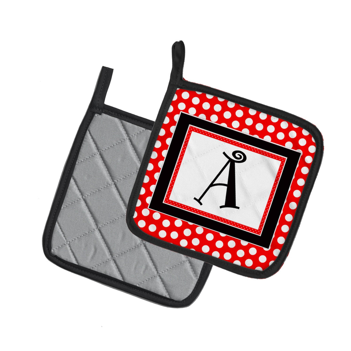 Letter A Monogram - Red and Black Polka Dots Pot Holder Set of 2 Heat Resistant Quilted Hot Pads 7.5 x 7.5 Inch, Insulated Kitchen Trivets for Cooking & Baking