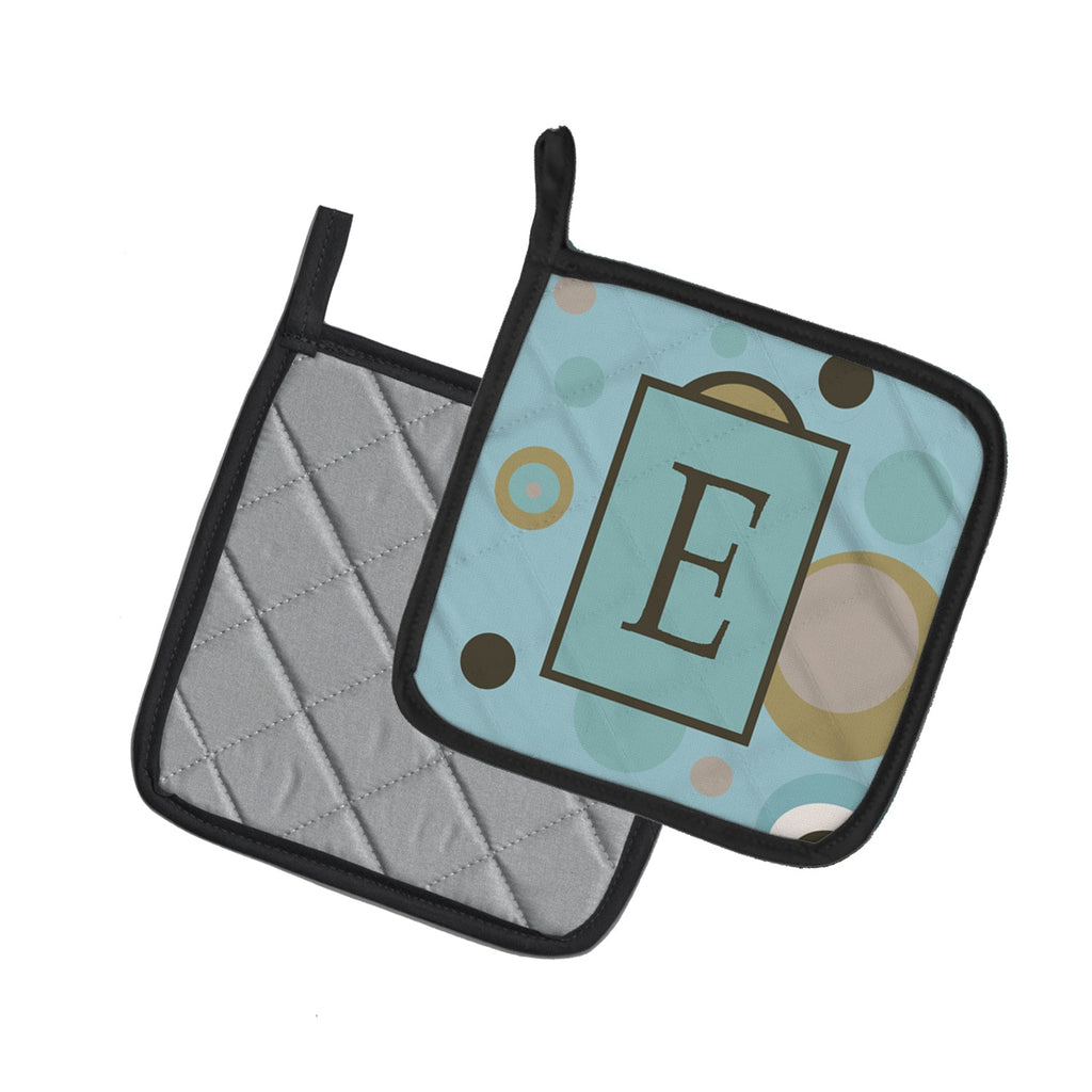Letter E Initial Monogram - Blue Dots Pot Holder Set of 2 Heat Resistant Quilted Hot Pads 7.5 x 7.5 Inch, Insulated Kitchen Trivets for Cooking & Baking