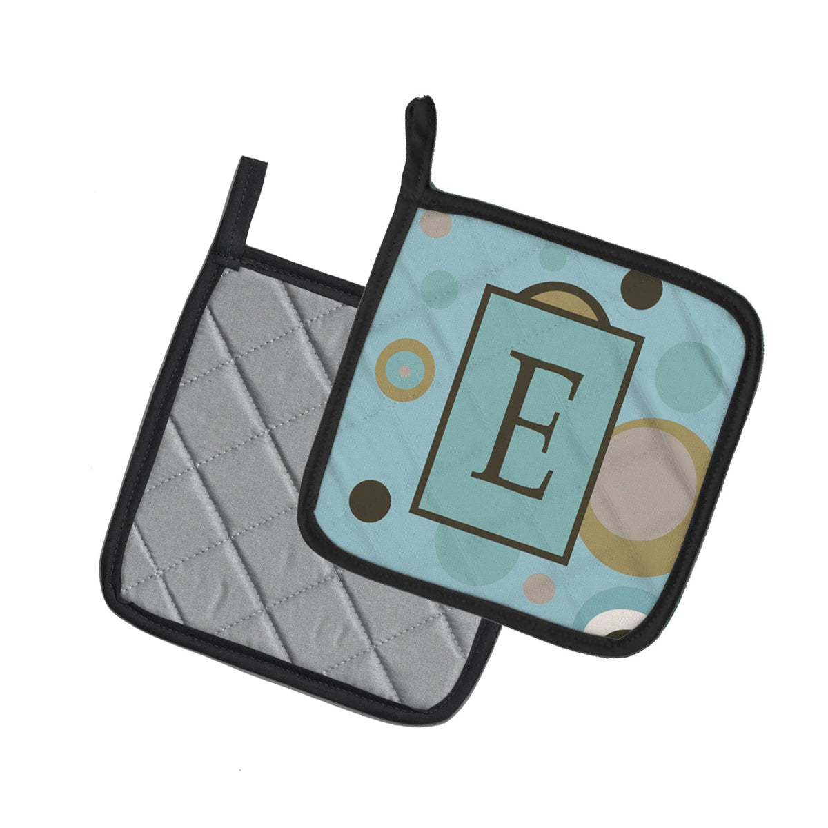 Letter E Initial Monogram - Blue Dots Pot Holder Set of 2 Heat Resistant Quilted Hot Pads 7.5 x 7.5 Inch, Insulated Kitchen Trivets for Cooking & Baking