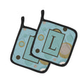 Letter L Initial Monogram - Blue Dots Pot Holder Set of 2 Heat Resistant Quilted Hot Pads 7.5 x 7.5 Inch, Insulated Kitchen Trivets for Cooking & Baking