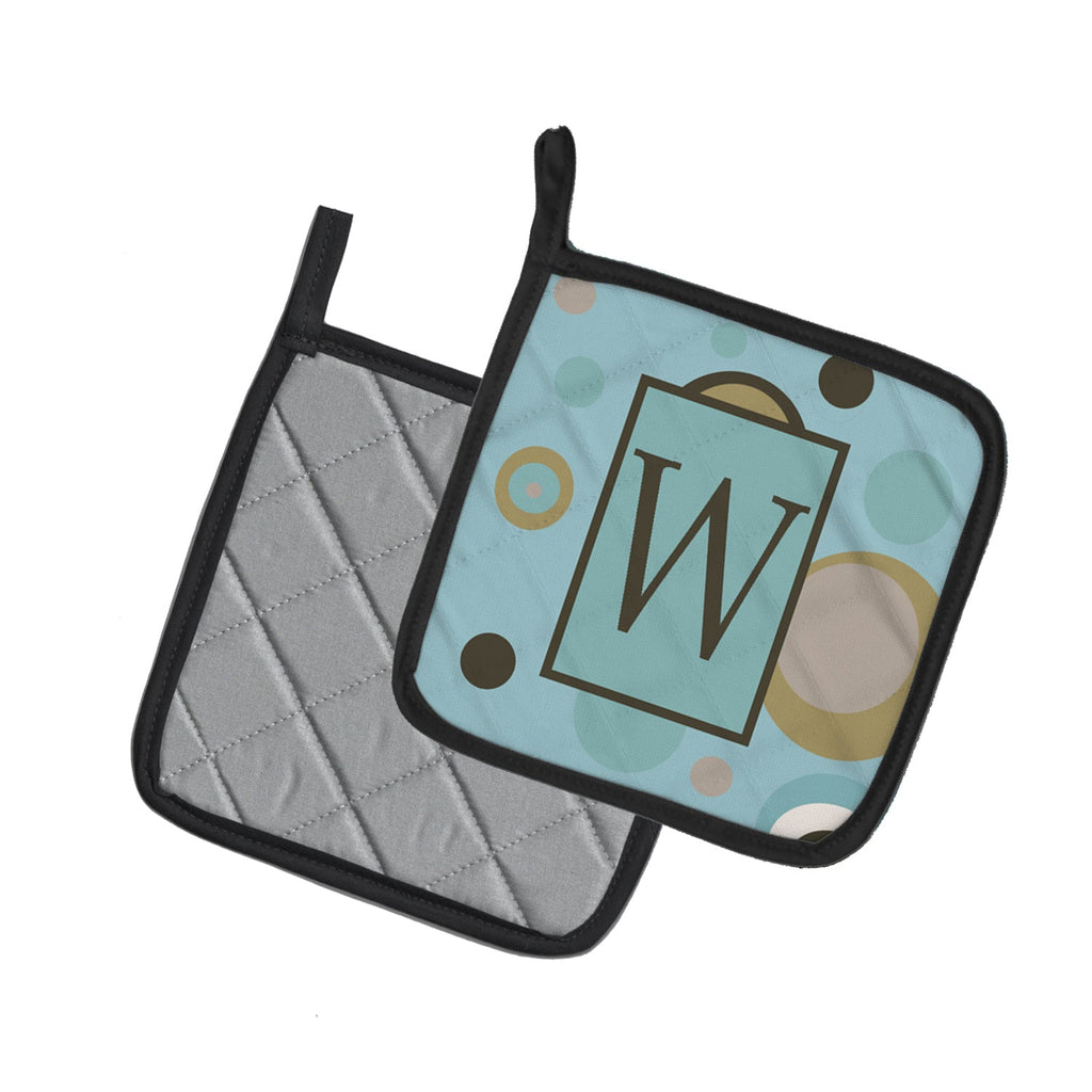Letter W Initial Monogram - Blue Dots Pot Holder Set of 2 Heat Resistant Quilted Hot Pads 7.5 x 7.5 Inch, Insulated Kitchen Trivets for Cooking & Baking