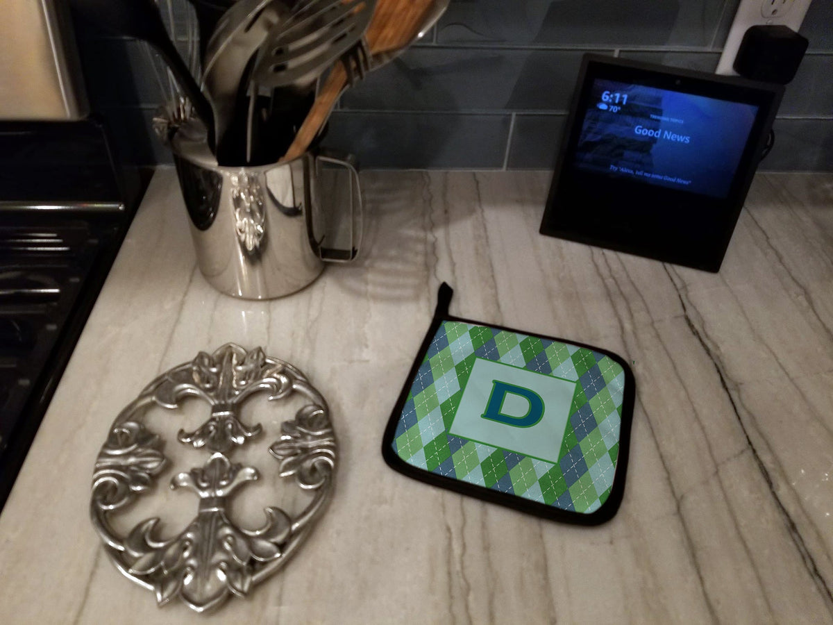 Letter D Initial Monogram - Blue Argoyle Pot Holder Set of 2 Heat Resistant Quilted Hot Pads 7.5 x 7.5 Inch, Insulated Kitchen Trivets for Cooking & Baking
