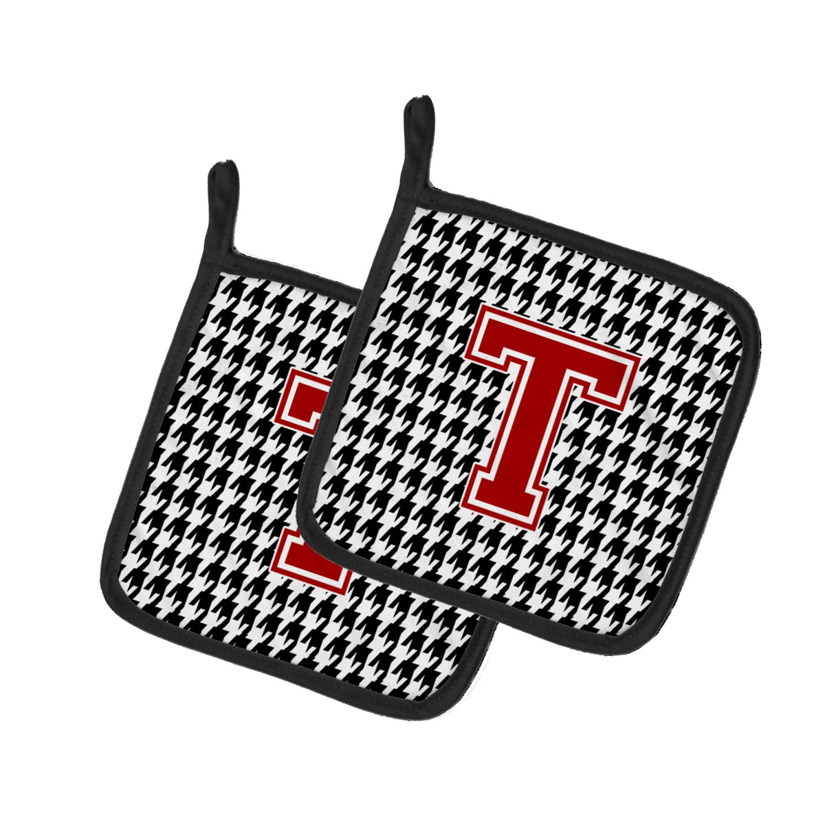 Letter T Monogram - Houndstooth Black Pot Holder Set of 2 Heat Resistant Quilted Hot Pads 7.5 x 7.5 Inch, Insulated Kitchen Trivets for Cooking & Baking
