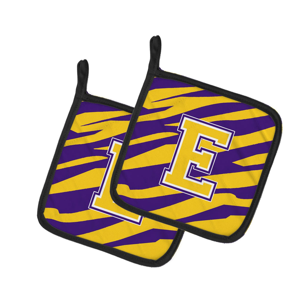 Letter E Monogram - Tiger Stripe - Purple Gold Pot Holder Set of 2 Heat Resistant Quilted Hot Pads 7.5 x 7.5 Inch, Insulated Kitchen Trivets for Cooking & Baking