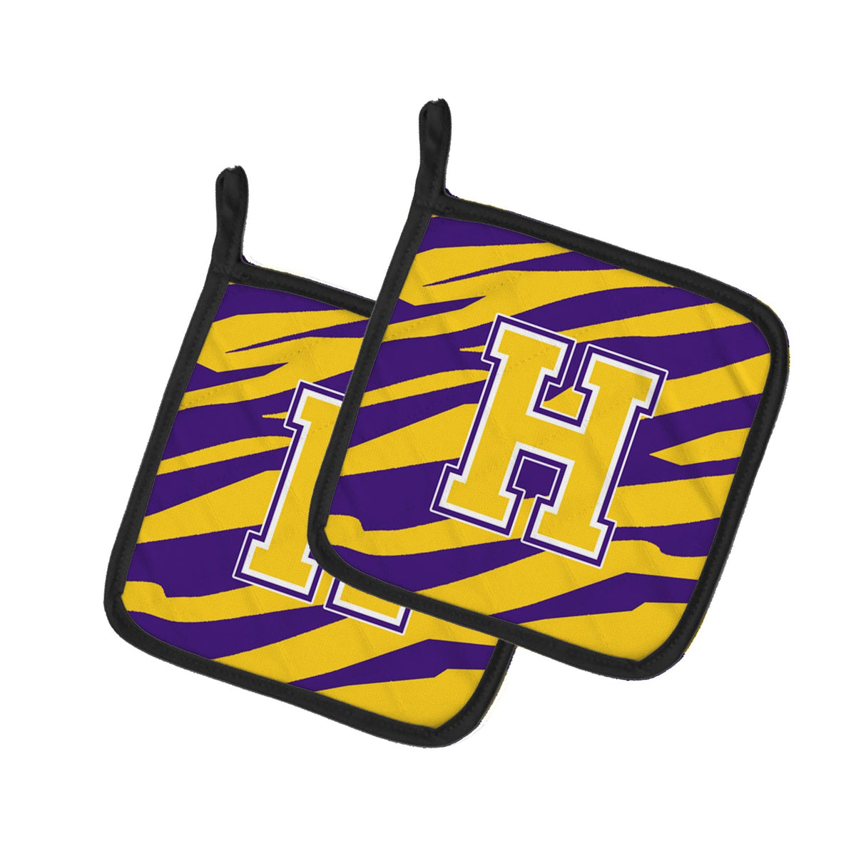 Letter H Monogram - Tiger Stripe - Purple Gold Pot Holder Set of 2 Heat Resistant Quilted Hot Pads 7.5 x 7.5 Inch, Insulated Kitchen Trivets for Cooking & Baking