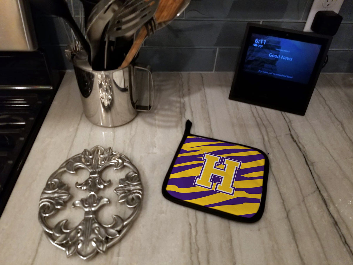 Letter H Monogram - Tiger Stripe - Purple Gold Pot Holder Set of 2 Heat Resistant Quilted Hot Pads 7.5 x 7.5 Inch, Insulated Kitchen Trivets for Cooking & Baking