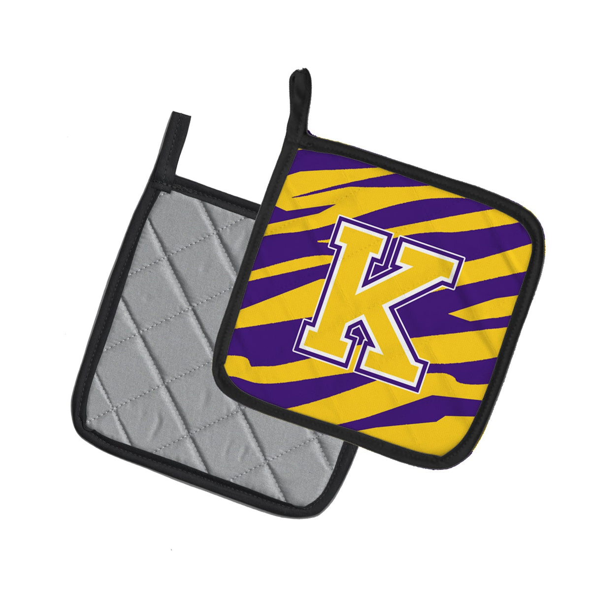 Letter K Monogram - Tiger Stripe - Purple Gold Pot Holder Set of 2 Heat Resistant Quilted Hot Pads 7.5 x 7.5 Inch, Insulated Kitchen Trivets for Cooking & Baking