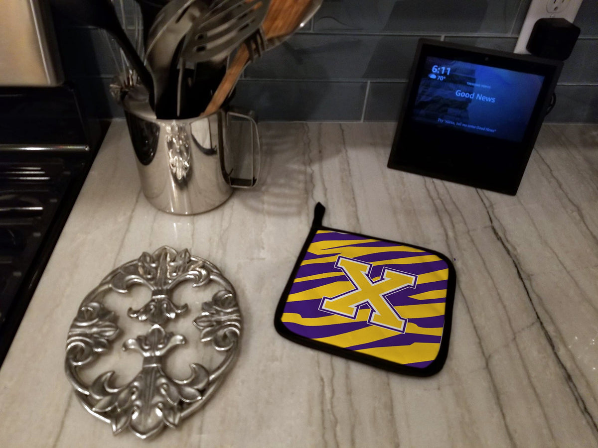 Letter X Monogram - Tiger Stripe - Purple Gold Pot Holder Set of 2 Heat Resistant Quilted Hot Pads 7.5 x 7.5 Inch, Insulated Kitchen Trivets for Cooking & Baking
