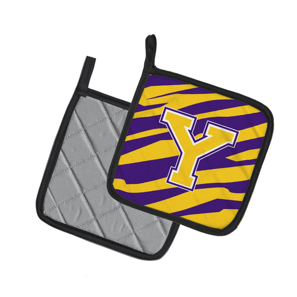 Letter Y Monogram - Tiger Stripe - Purple Gold Pot Holder Set of 2 Heat Resistant Quilted Hot Pads 7.5 x 7.5 Inch, Insulated Kitchen Trivets for Cooking & Baking
