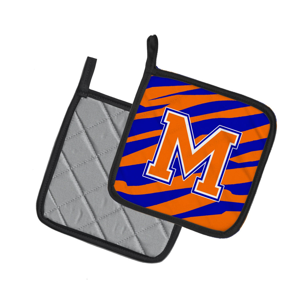 Letter M Initial Tiger Stripe - Blue Orange  Pot Holder Set of 2 Heat Resistant Quilted Hot Pads 7.5 x 7.5 Inch, Insulated Kitchen Trivets for Cooking & Baking
