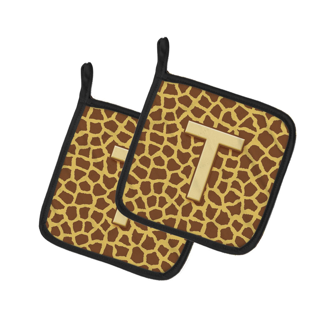 Letter T Initial Monogram - Giraffe Pot Holder Set of 2 Heat Resistant Quilted Hot Pads 7.5 x 7.5 Inch, Insulated Kitchen Trivets for Cooking & Baking