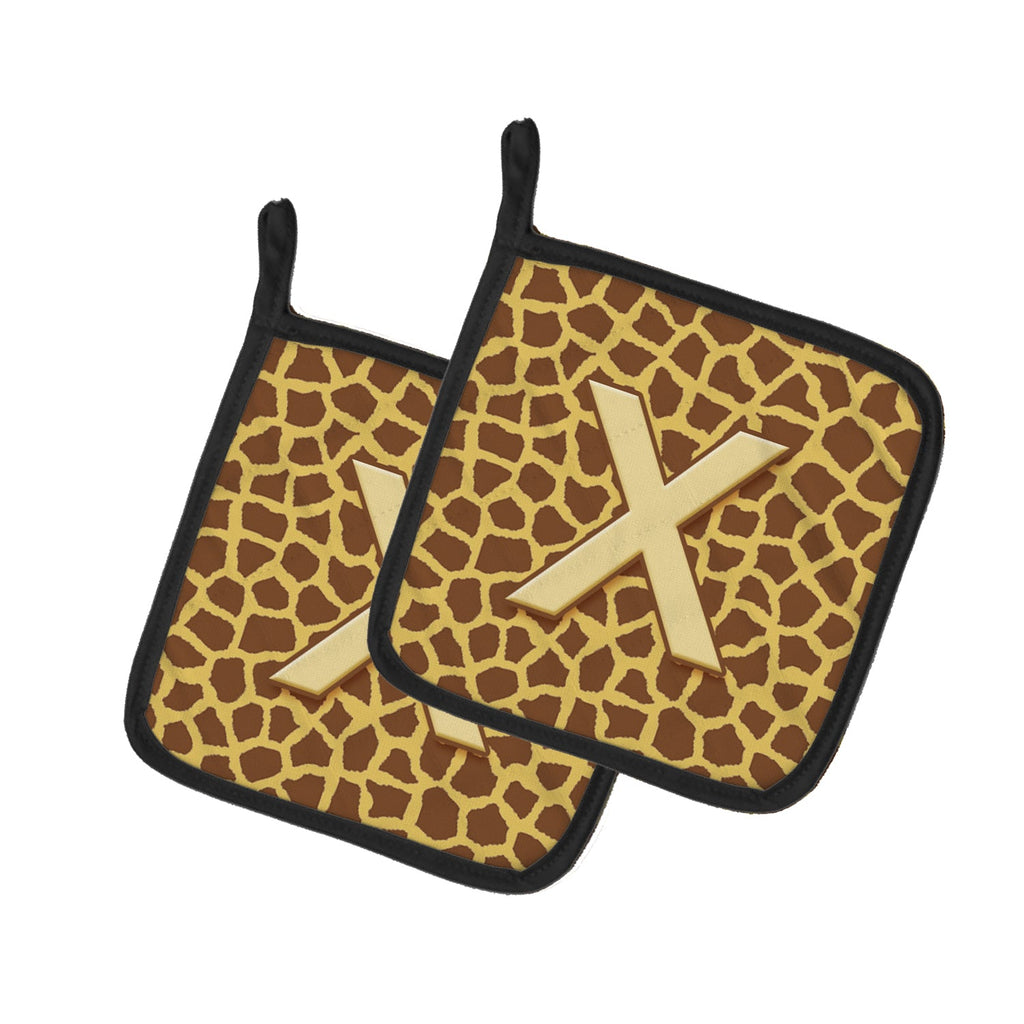 Letter X Initial Monogram - Giraffe Pot Holder Set of 2 Heat Resistant Quilted Hot Pads 7.5 x 7.5 Inch, Insulated Kitchen Trivets for Cooking & Baking