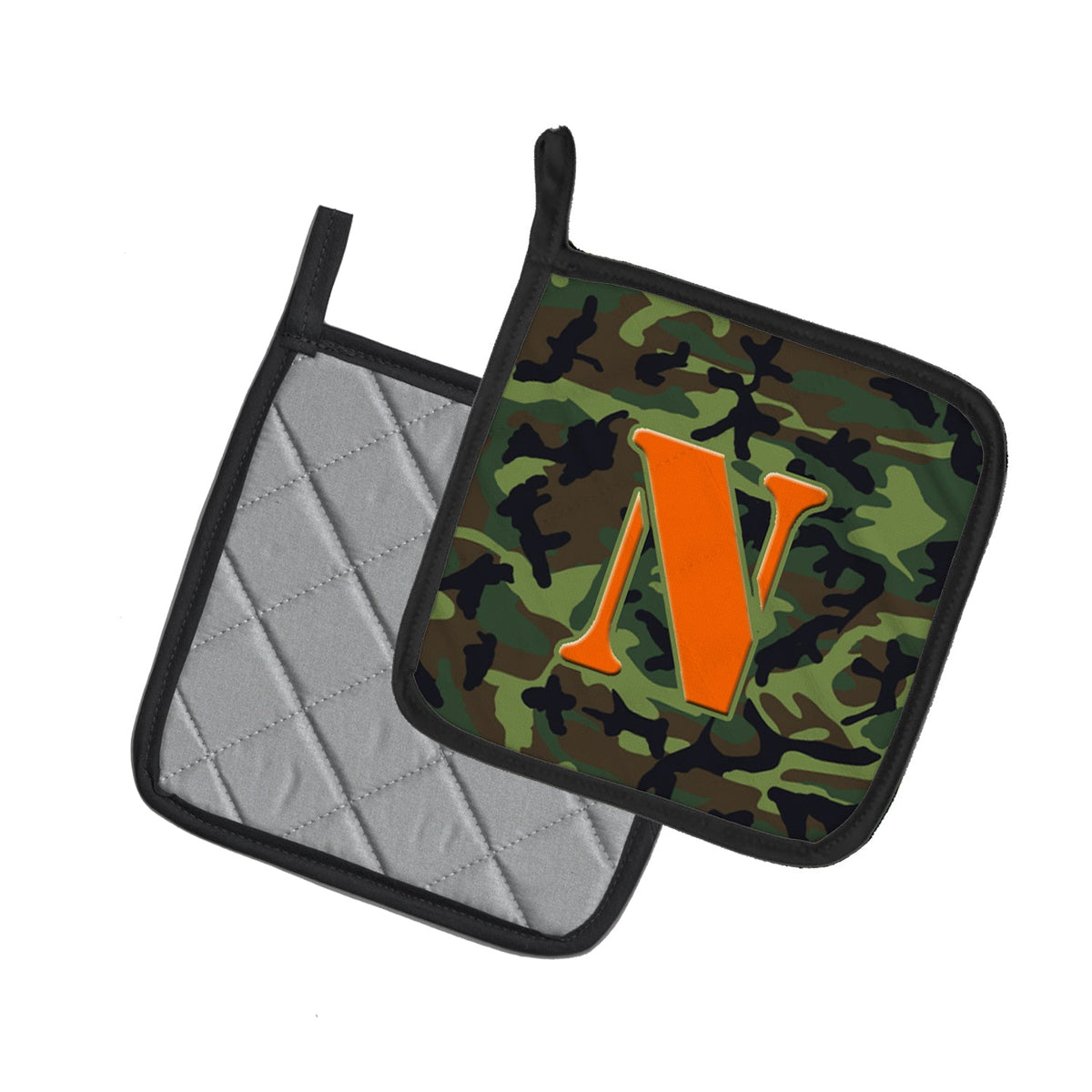 Letter N Monogram - Camo Green Pot Holder Set of 2 Heat Resistant Quilted Hot Pads 7.5 x 7.5 Inch, Insulated Kitchen Trivets for Cooking & Baking