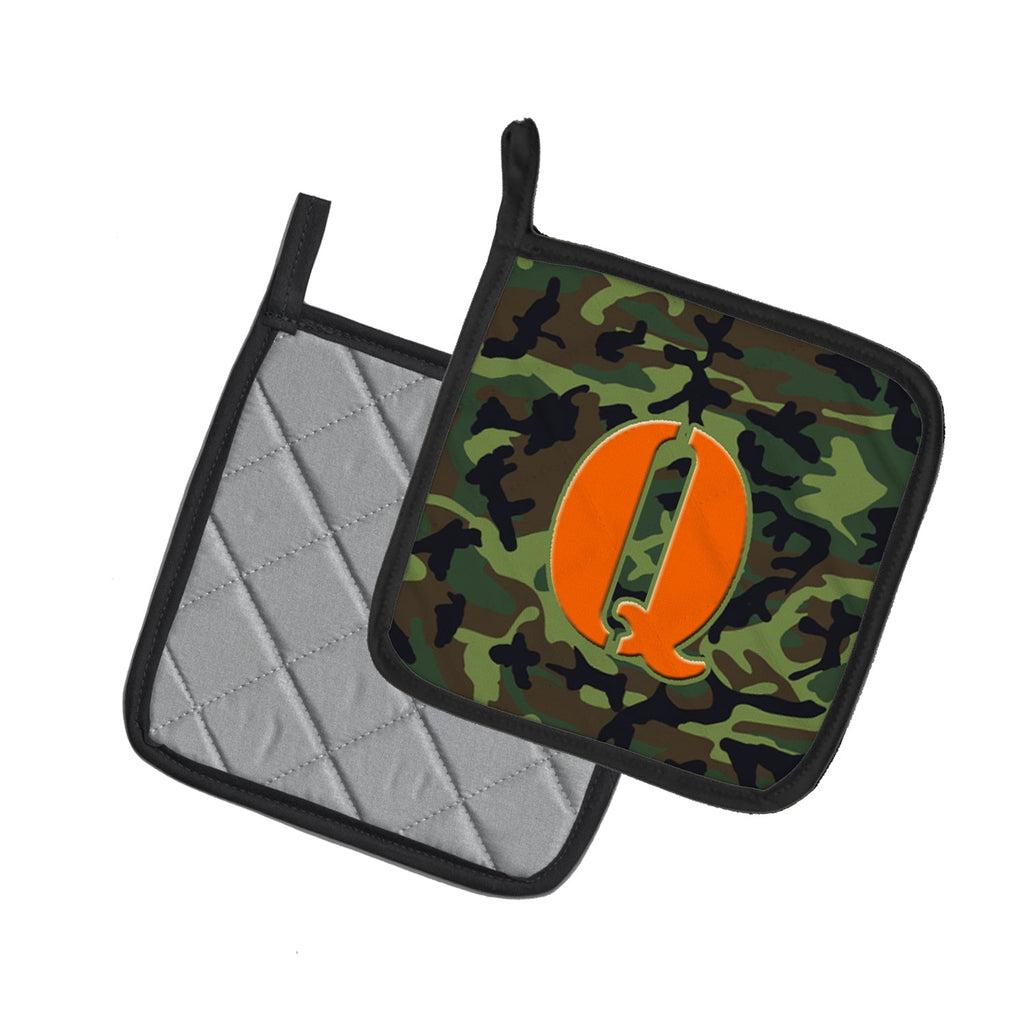 Letter Q Monogram - Camo Green Pot Holder Set of 2 Heat Resistant Quilted Hot Pads 7.5 x 7.5 Inch, Insulated Kitchen Trivets for Cooking & Baking