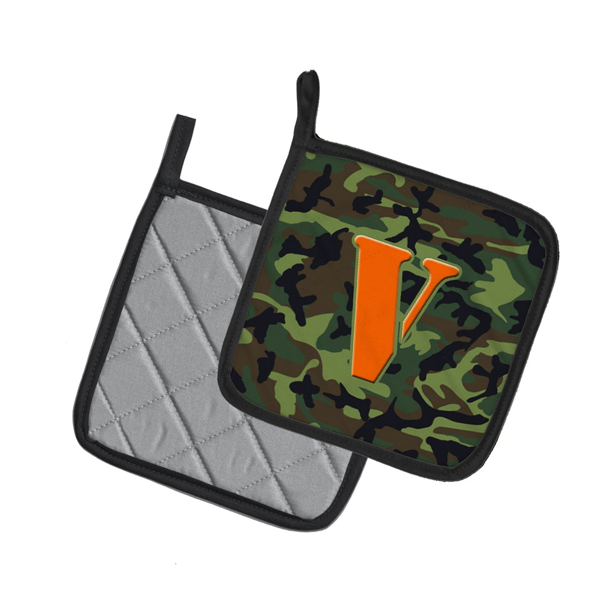 Letter V Monogram - Camo Green Pot Holder Set of 2 Heat Resistant Quilted Hot Pads 7.5 x 7.5 Inch, Insulated Kitchen Trivets for Cooking & Baking