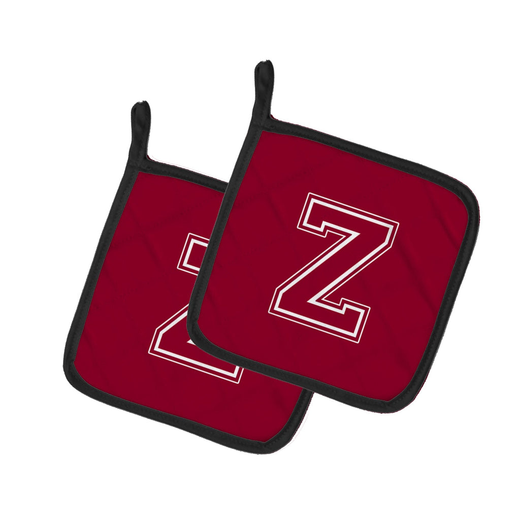 Letter Z Initial Monogram - Maroon and White Pot Holder Set of 2 Heat Resistant Quilted Hot Pads 7.5 x 7.5 Inch, Insulated Kitchen Trivets for Cooking & Baking