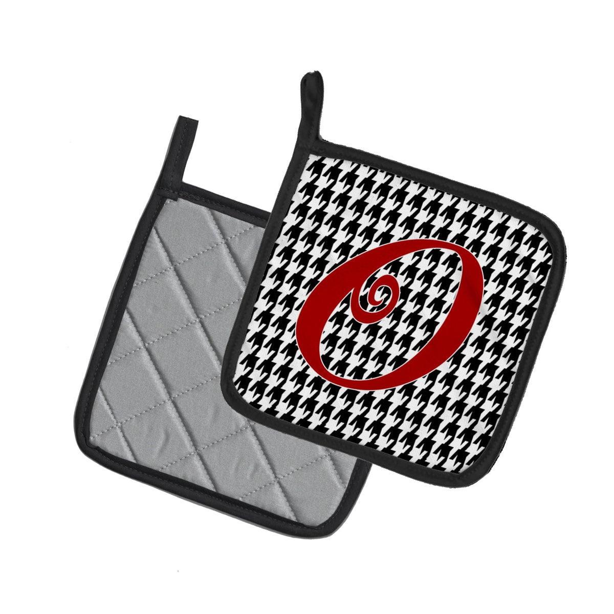 Letter O Initial Monogram - Houndstooth Black Pot Holder Set of 2 Heat Resistant Quilted Hot Pads 7.5 x 7.5 Inch, Insulated Kitchen Trivets for Cooking & Baking