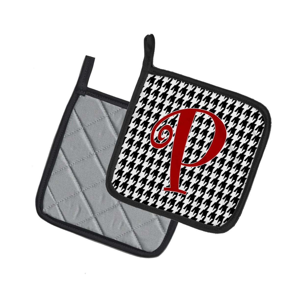 Letter P Initial Monogram - Houndstooth Black Pot Holder Set of 2 Heat Resistant Quilted Hot Pads 7.5 x 7.5 Inch, Insulated Kitchen Trivets for Cooking & Baking