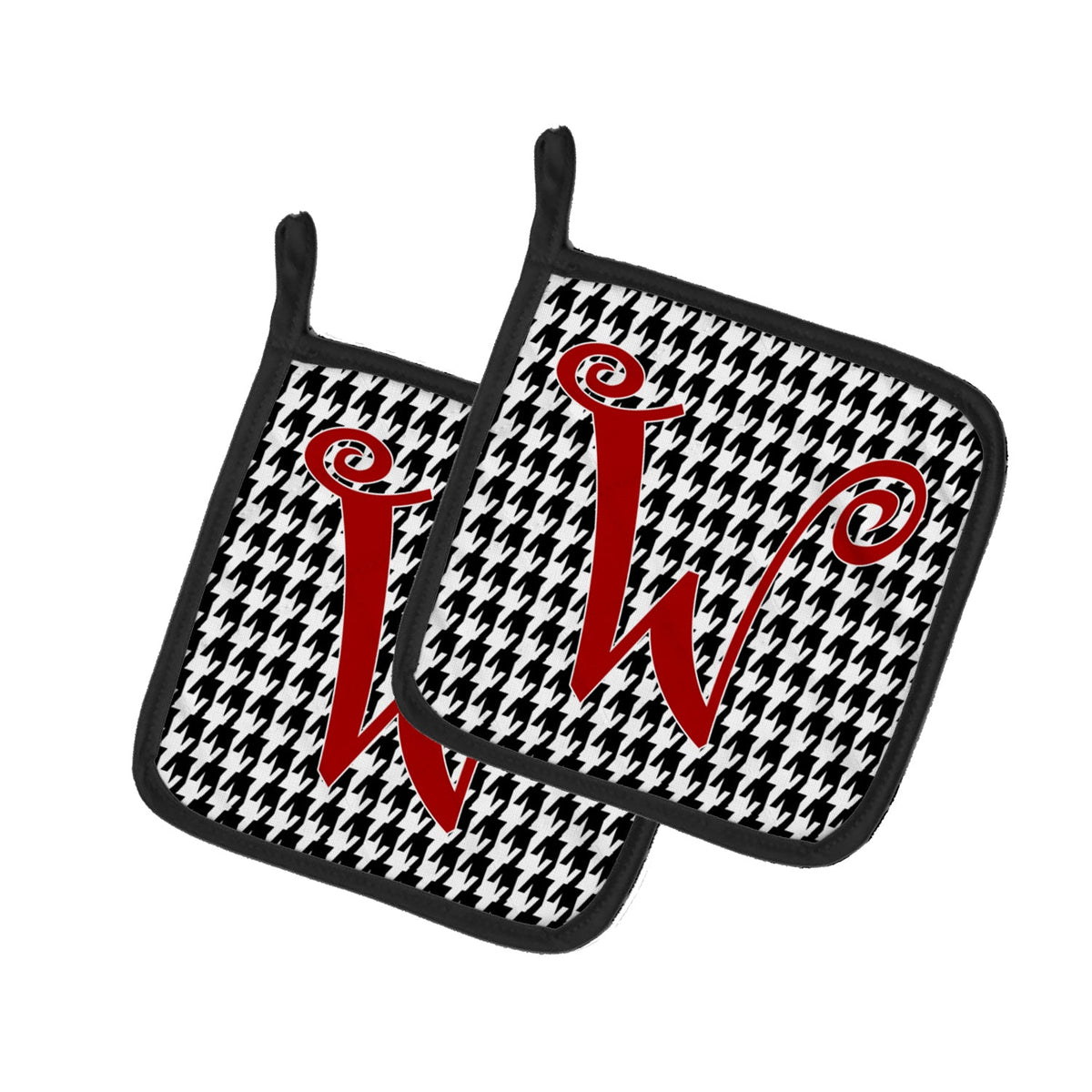 Letter W Initial Monogram - Houndstooth Black Pot Holder Set of 2 Heat Resistant Quilted Hot Pads 7.5 x 7.5 Inch, Insulated Kitchen Trivets for Cooking & Baking