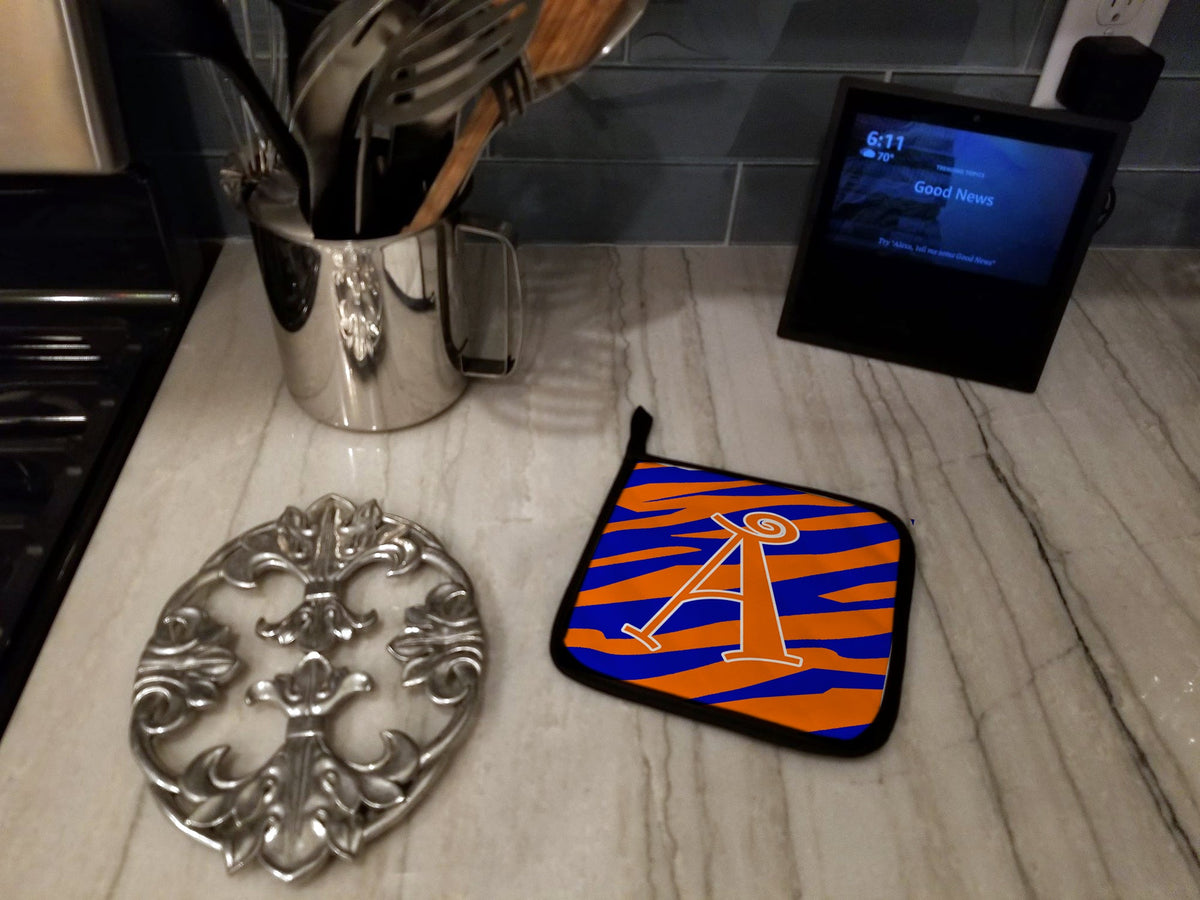 Letter A Monogram - Orange Blue Tiger Stripe Pot Holder Set of 2 Heat Resistant Quilted Hot Pads 7.5 x 7.5 Inch, Insulated Kitchen Trivets for Cooking & Baking