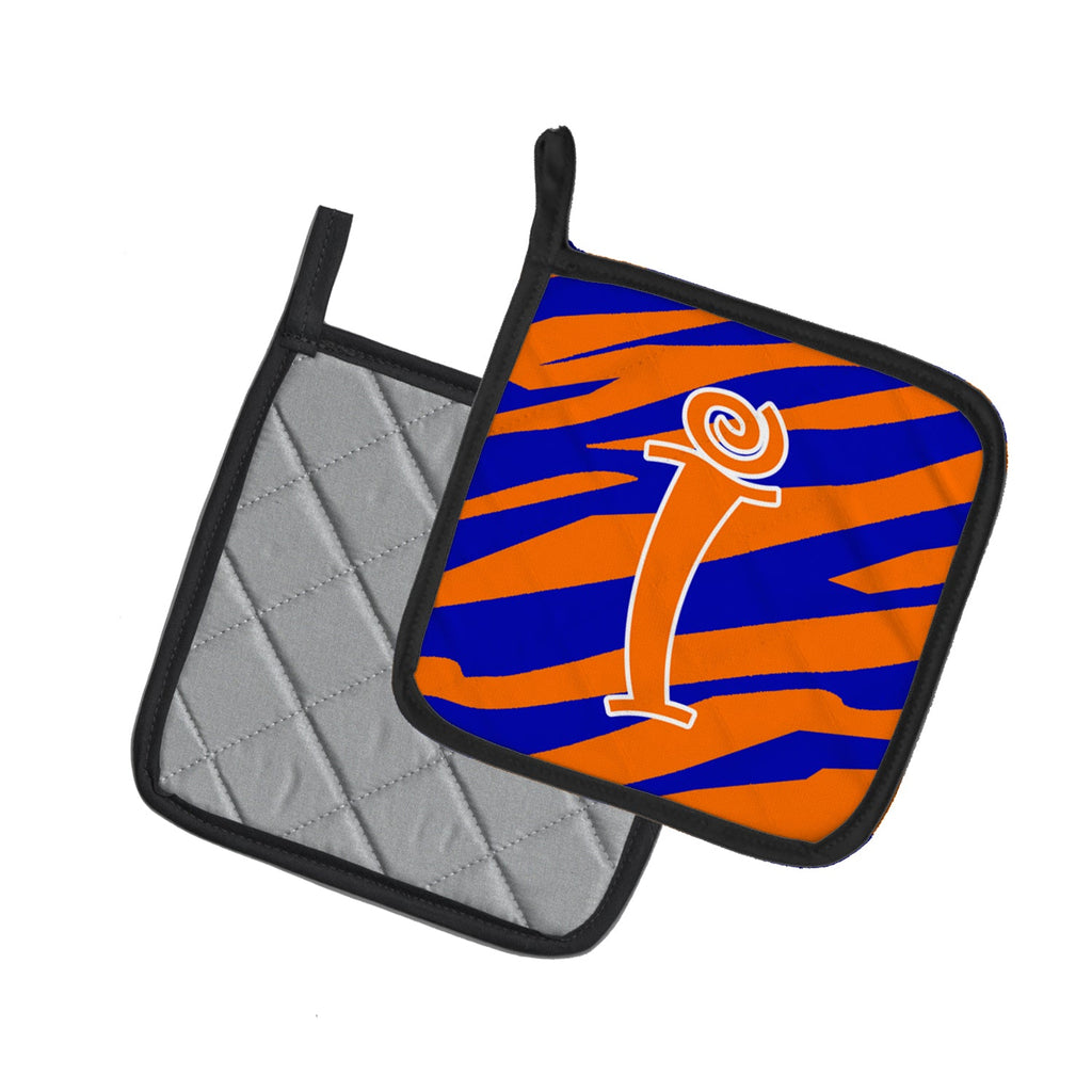 Letter I Initial Tiger Stripe Blue and Orange Pot Holder Set of 2 Heat Resistant Quilted Hot Pads 7.5 x 7.5 Inch, Insulated Kitchen Trivets for Cooking & Baking
