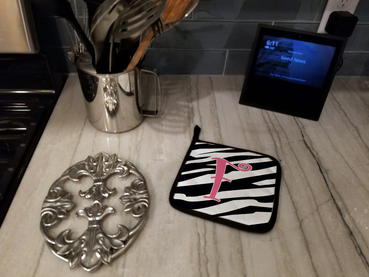 Letter F Initial  Zebra Stripe and Pink Pot Holder Set of 2 Heat Resistant Quilted Hot Pads 7.5 x 7.5 Inch, Insulated Kitchen Trivets for Cooking & Baking