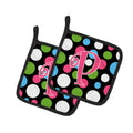 Letter P Initial Monogram - Polkadots and Pink Pot Holder Set of 2 Heat Resistant Quilted Hot Pads 7.5 x 7.5 Inch, Insulated Kitchen Trivets for Cooking & Baking