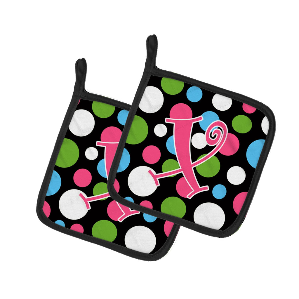 Letter X Initial Monogram - Polkadots and Pink Pot Holder Set of 2 Heat Resistant Quilted Hot Pads 7.5 x 7.5 Inch, Insulated Kitchen Trivets for Cooking & Baking