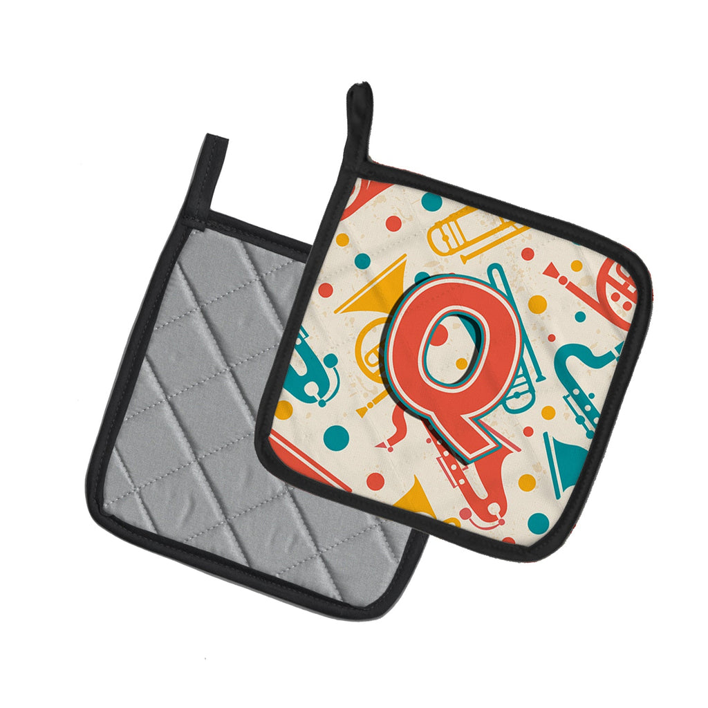 Letter Q Retro Teal Orange Musical Instruments Initial Pot Holder Set of 2 Heat Resistant Quilted Hot Pads 7.5 x 7.5 Inch, Insulated Kitchen Trivets for Cooking & Baking